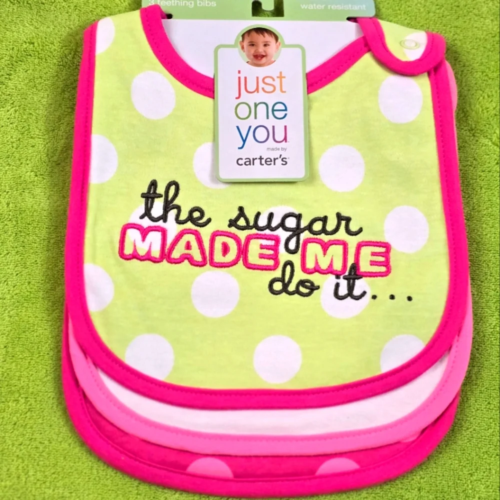 NWT  Baby Girls 3-pk BIBS  set - 🍪  Sugar Made Me Do It - pink Polka- dots (Q5)